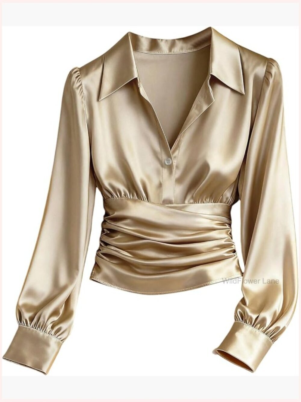 Long Sleeve Satin Blouse Ruched Button Up Collared Shirt Office Top